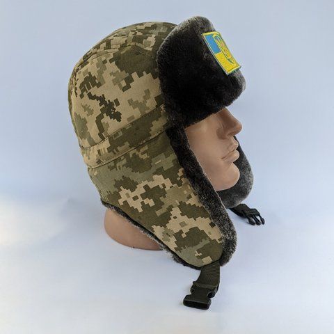 Чоловіча шапка-вушанка зі штучного хутра камуфляж із липучкою під шеврон 436 фото