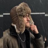 Чоловіча шапка вушанка зимова з натурального хутра кролика на плащівці коричнева 552 фото
