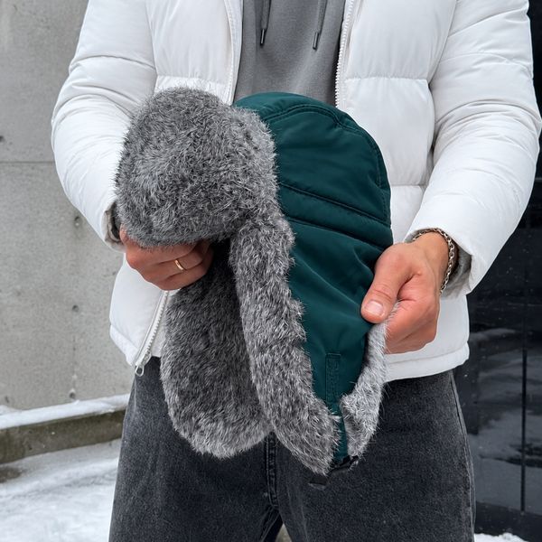 Чоловіча зимова шапка вушанка з натурального хутра кролика, тепла хутряна шапка, бірюзова 560 фото